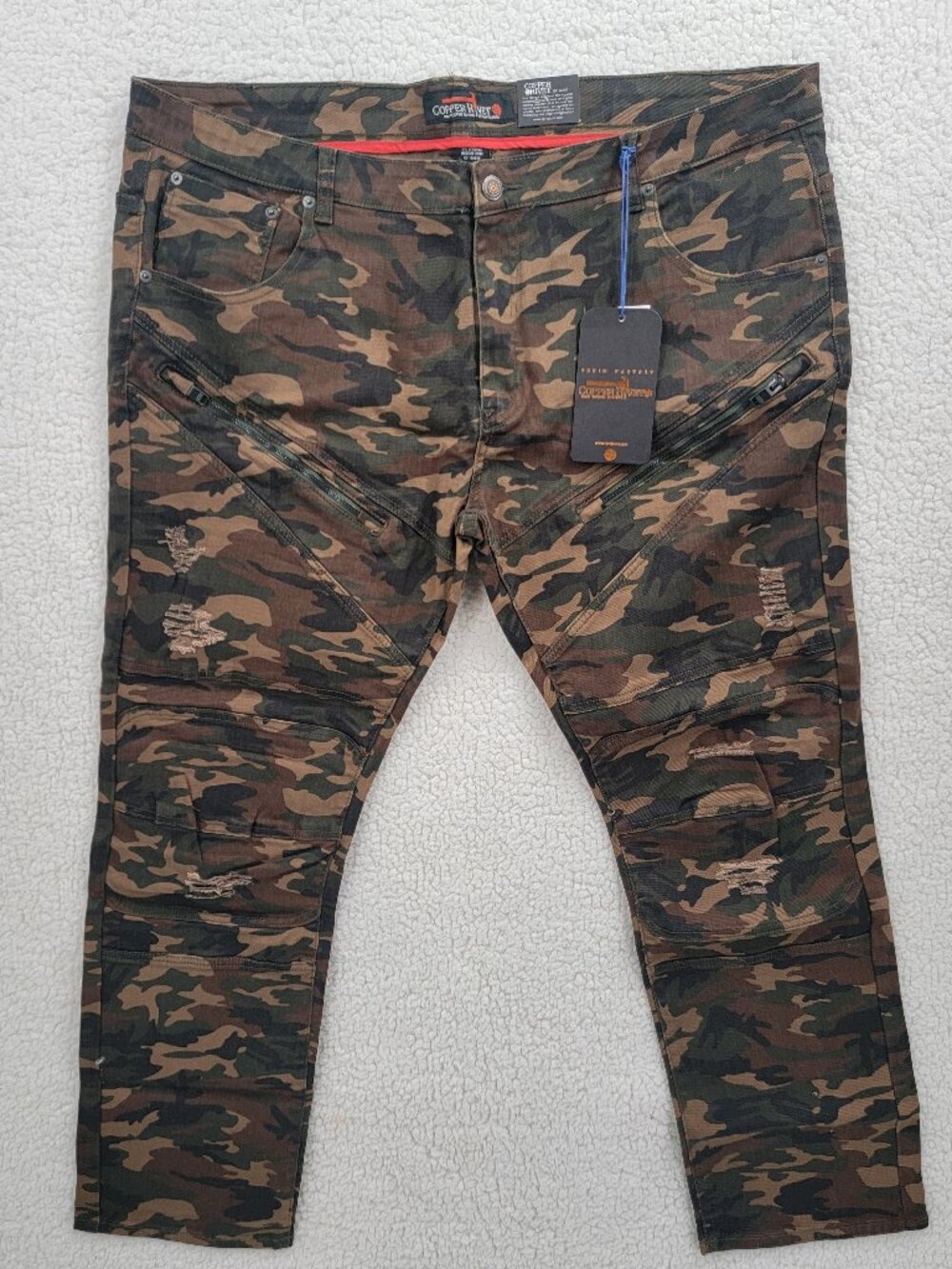 Copper Rivet Camo Moto Biker Jeans Mens 46 Slim Fit Distressed Zipper Stretch